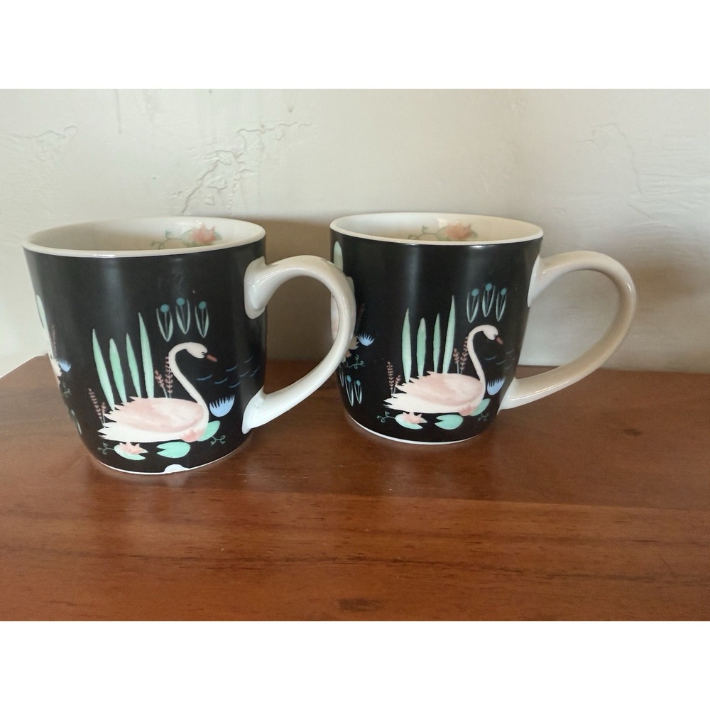 Two Swans Swimming Coffee Mugs Black White Gold Ceramic By Designs Pair